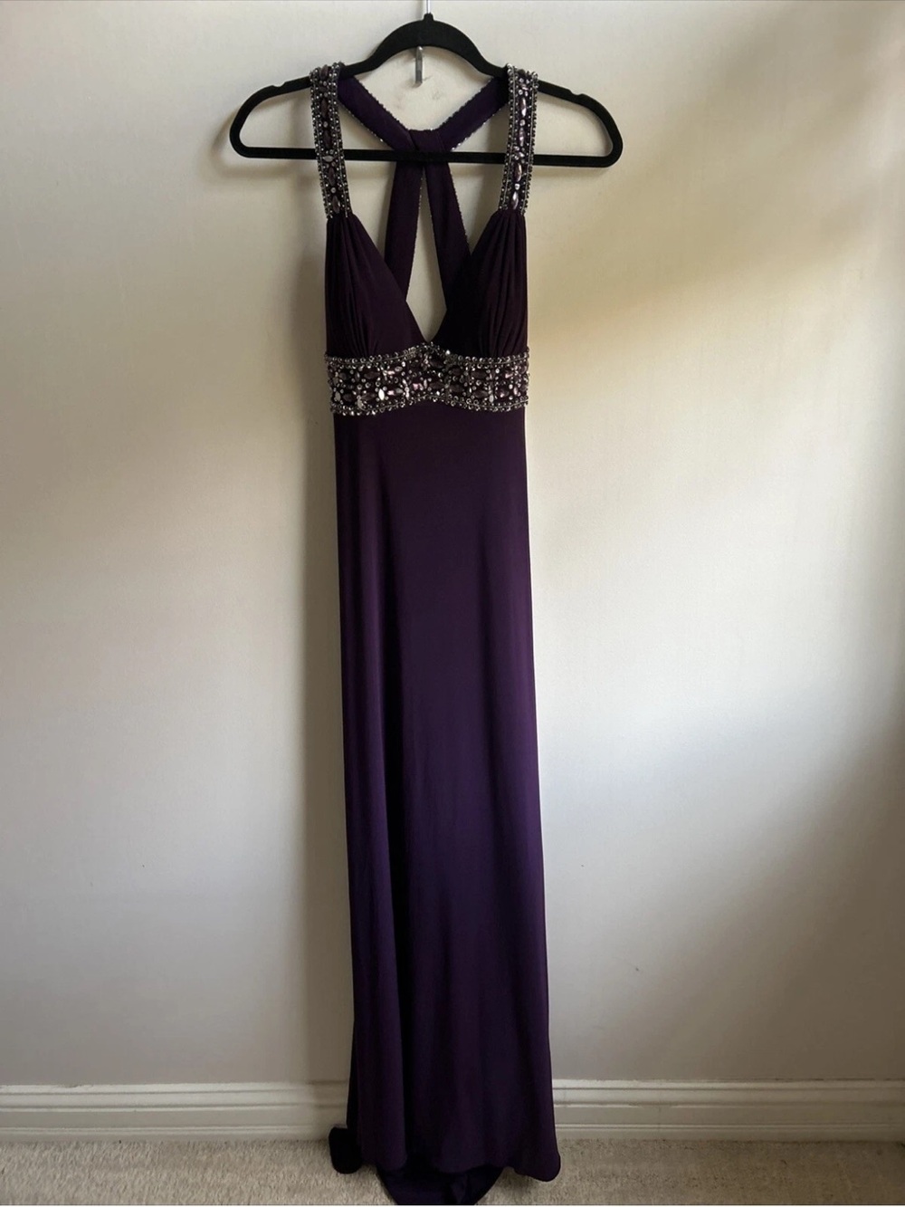 Vintage Cache Burgundy Maxi Lined Beaded Straps Low Back Evening Dress Gown Sz10